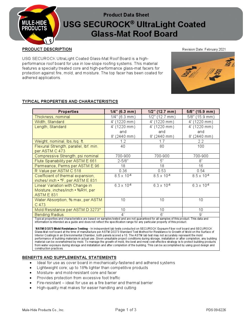 USG Securock UltraLight Coated GlassMat Roof Board